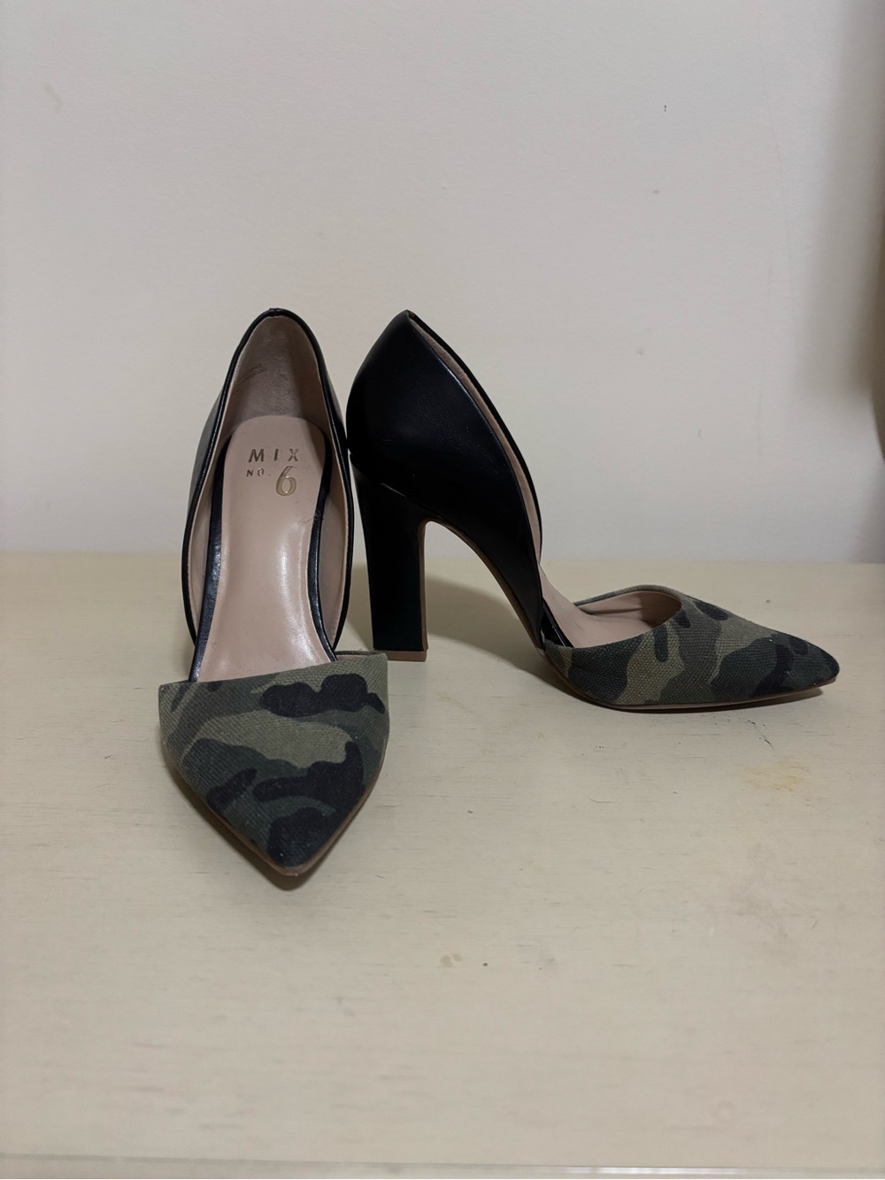 Mix No. 6 Camouflage Pointed-Toe Pumps with Black Block Heel